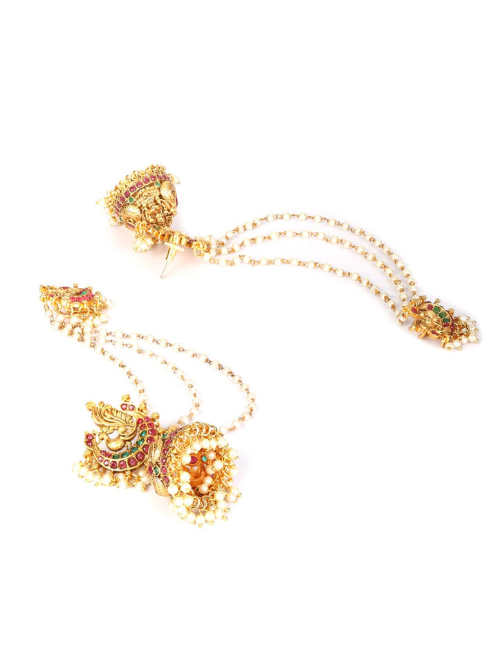 Guroor - Peacock Kemp Stone Beads Gold Plated Chain Jhumka Earrings
