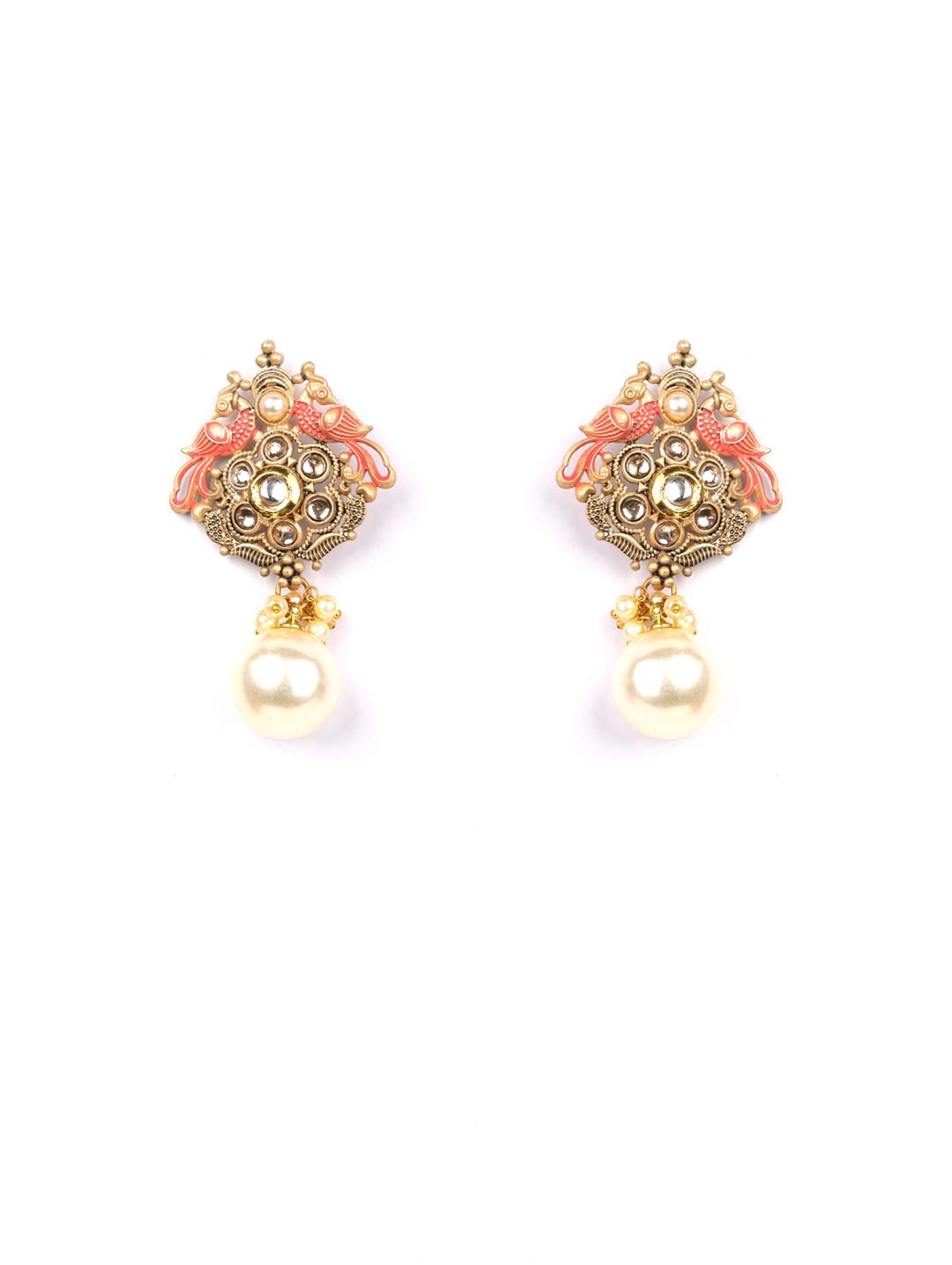 Pink Kundan Pearls Gold Plated Peacock Drop Earring