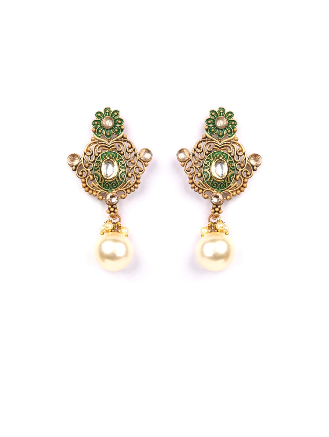 Green Kundan Pearls Gold Plated Floral Drop Earring