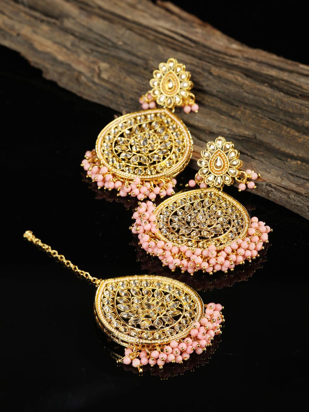 Pink Stones Beads Gold Plated Earring with MaangTikka – Priyaasi