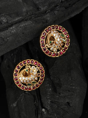 American Diamond Kemp Stones Maroon Gold Plated Peacock Stud Earring