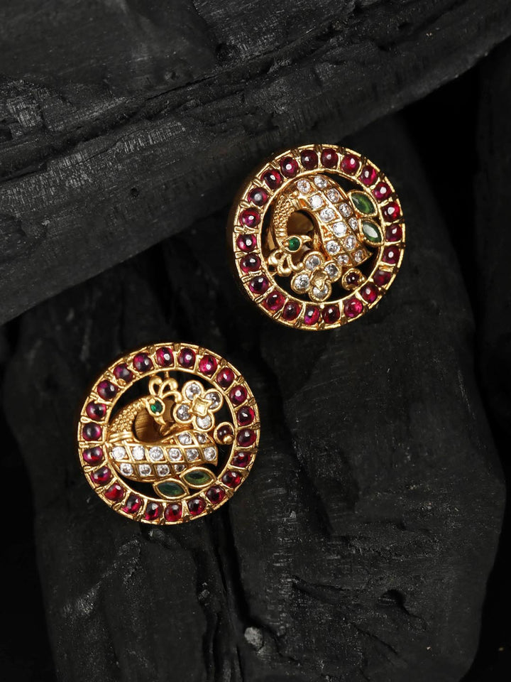 American Diamond Kemp Stones Maroon Gold Plated Peacock Stud Earring