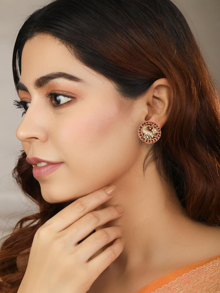 American Diamond Kemp Stones Maroon Gold Plated Peacock Stud Earring