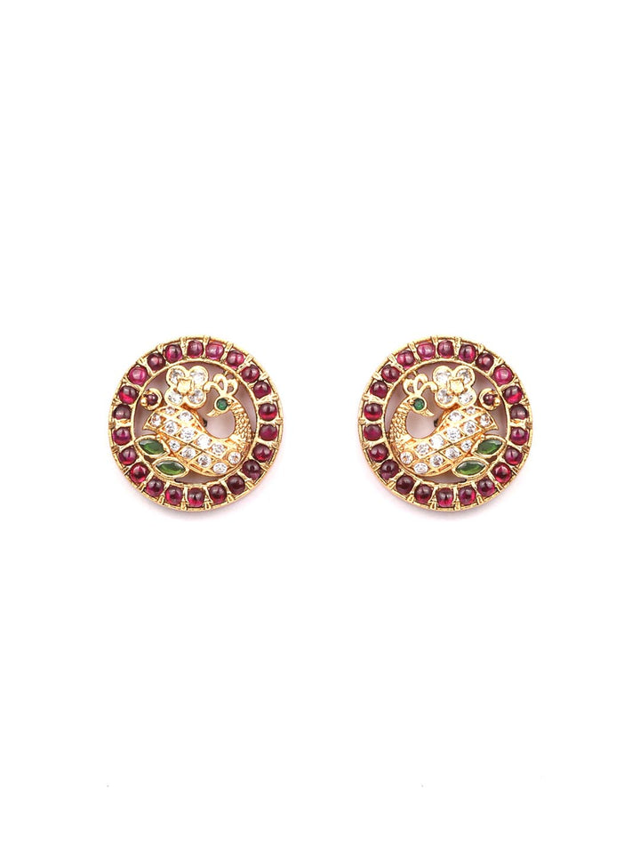 American Diamond Kemp Stones Maroon Gold Plated Peacock Stud Earring