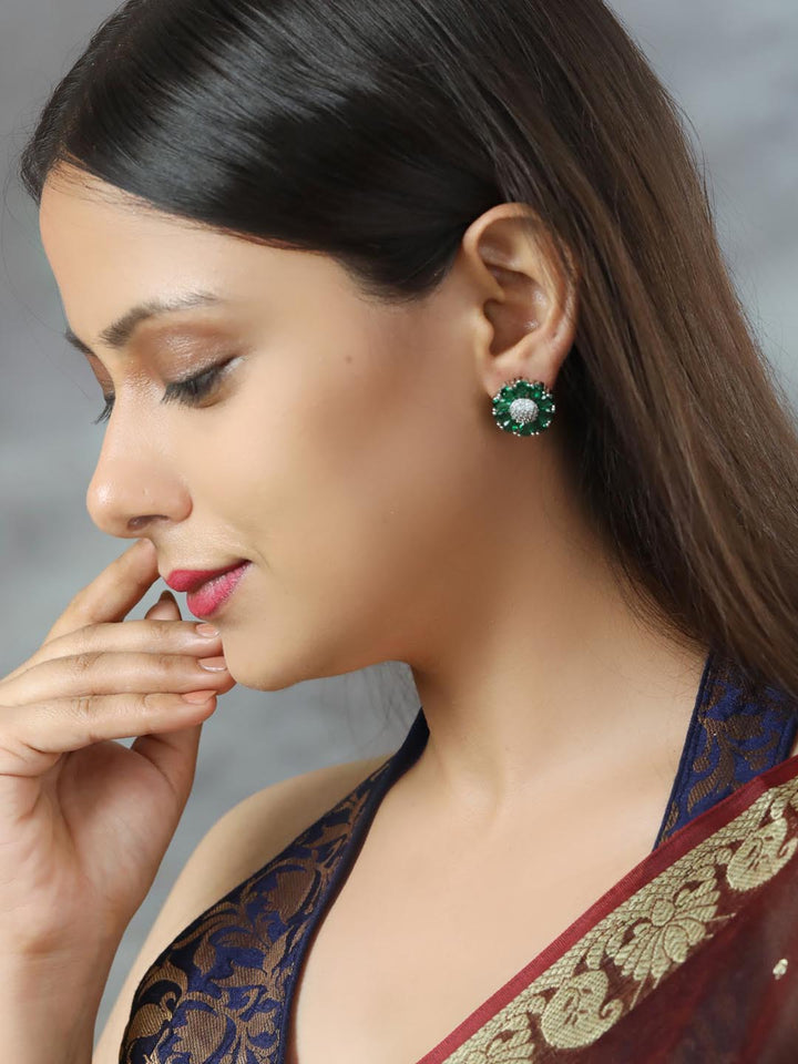 Green American Diamond Cubic Zirconia Silver Plated Stud Earring