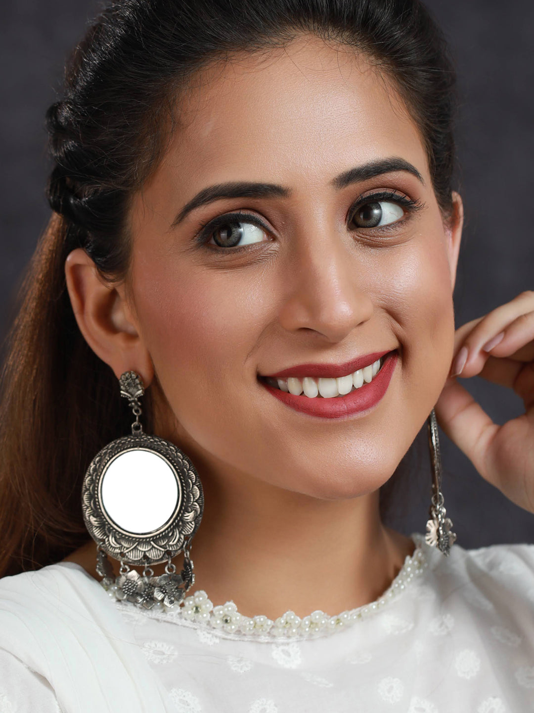 Priyaasi Floral Studded Mirror Oxidised Silver Earring Set
