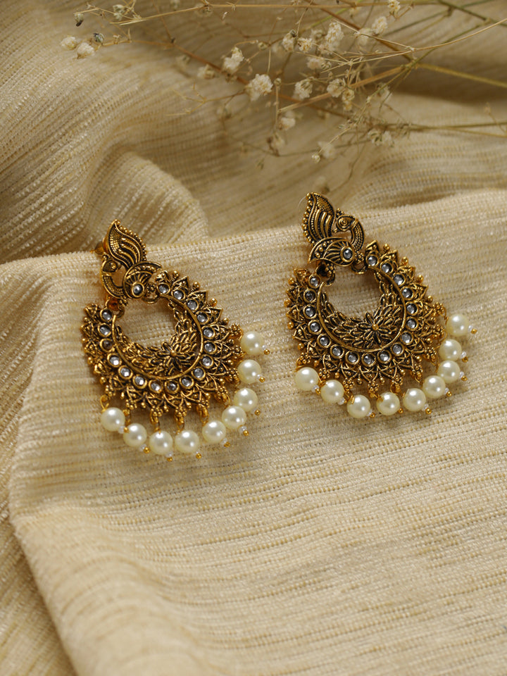 Priyaasi Studded Peacock Pearl Drop Gold-Plated Earrings