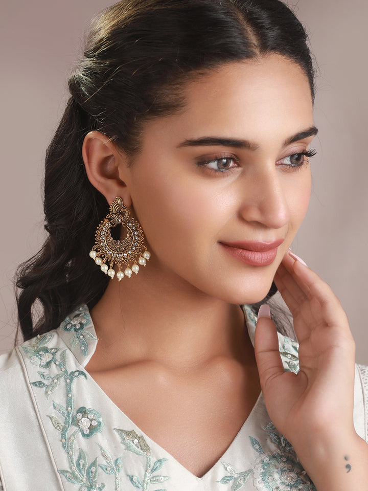 Priyaasi Studded Peacock Pearl Drop Gold-Plated Earrings