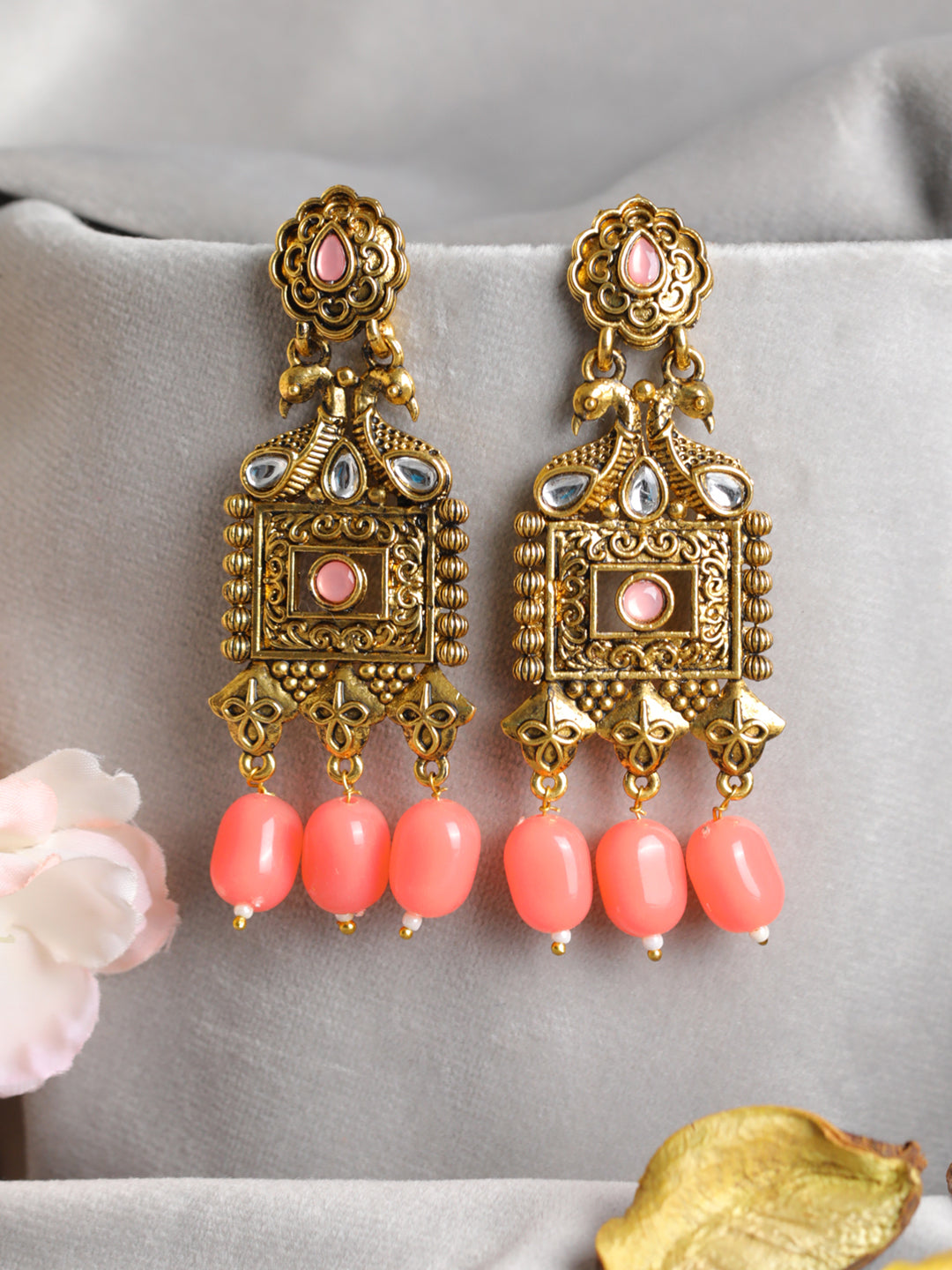 Priyaasi Pink Studded Floral Block Gold-Plated Drop Earrings