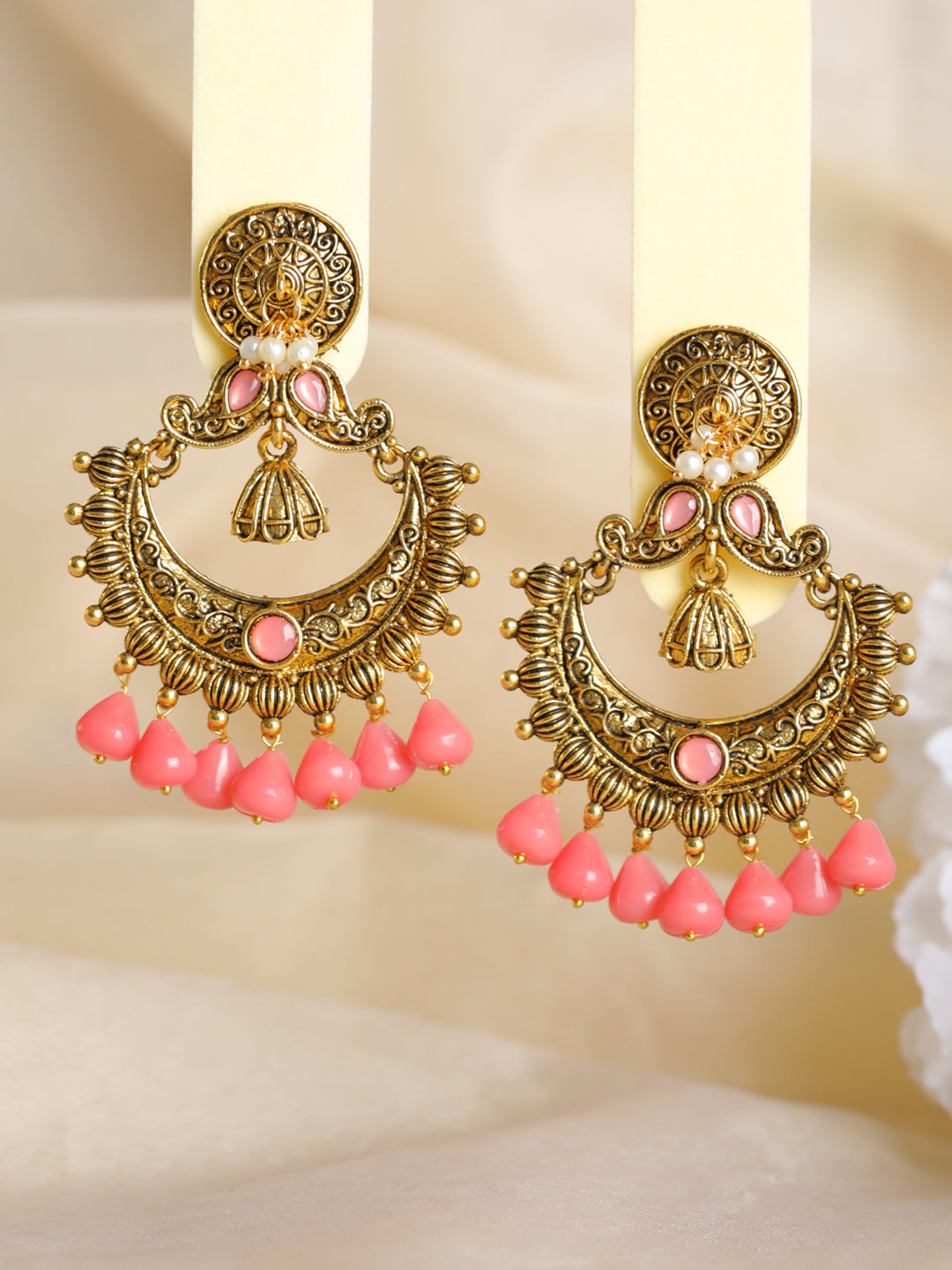 Priyaasi Studded Pink Floral Gold-Plated Chandbali Earrings