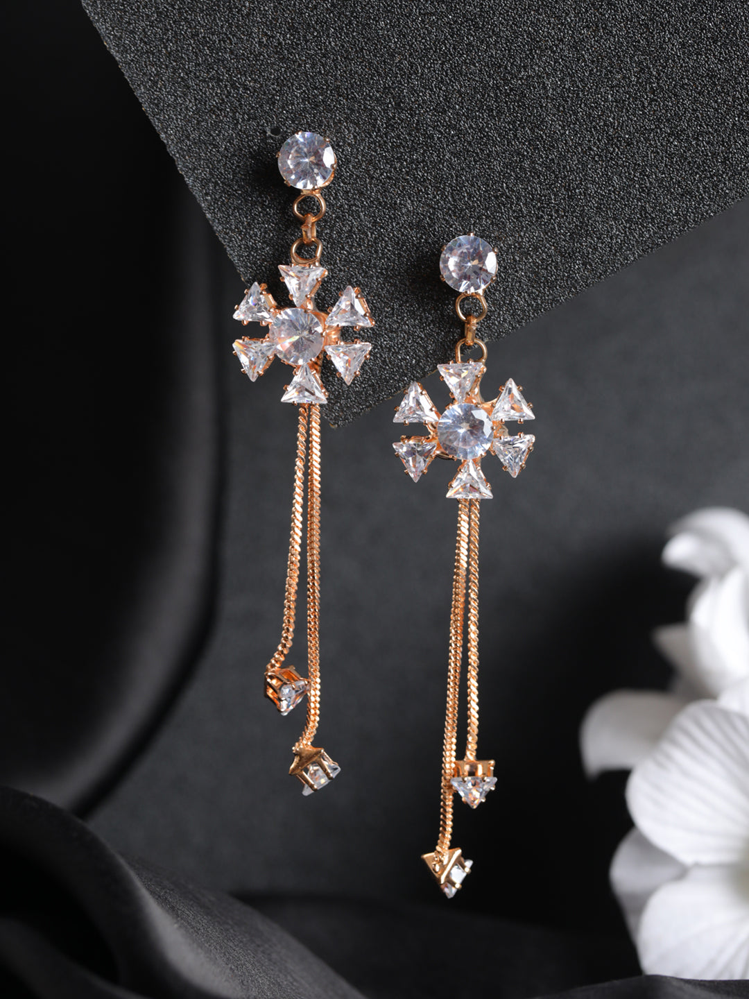 Priyaasi Floral AD Rose Gold-Plated Tassel Drop Earrings