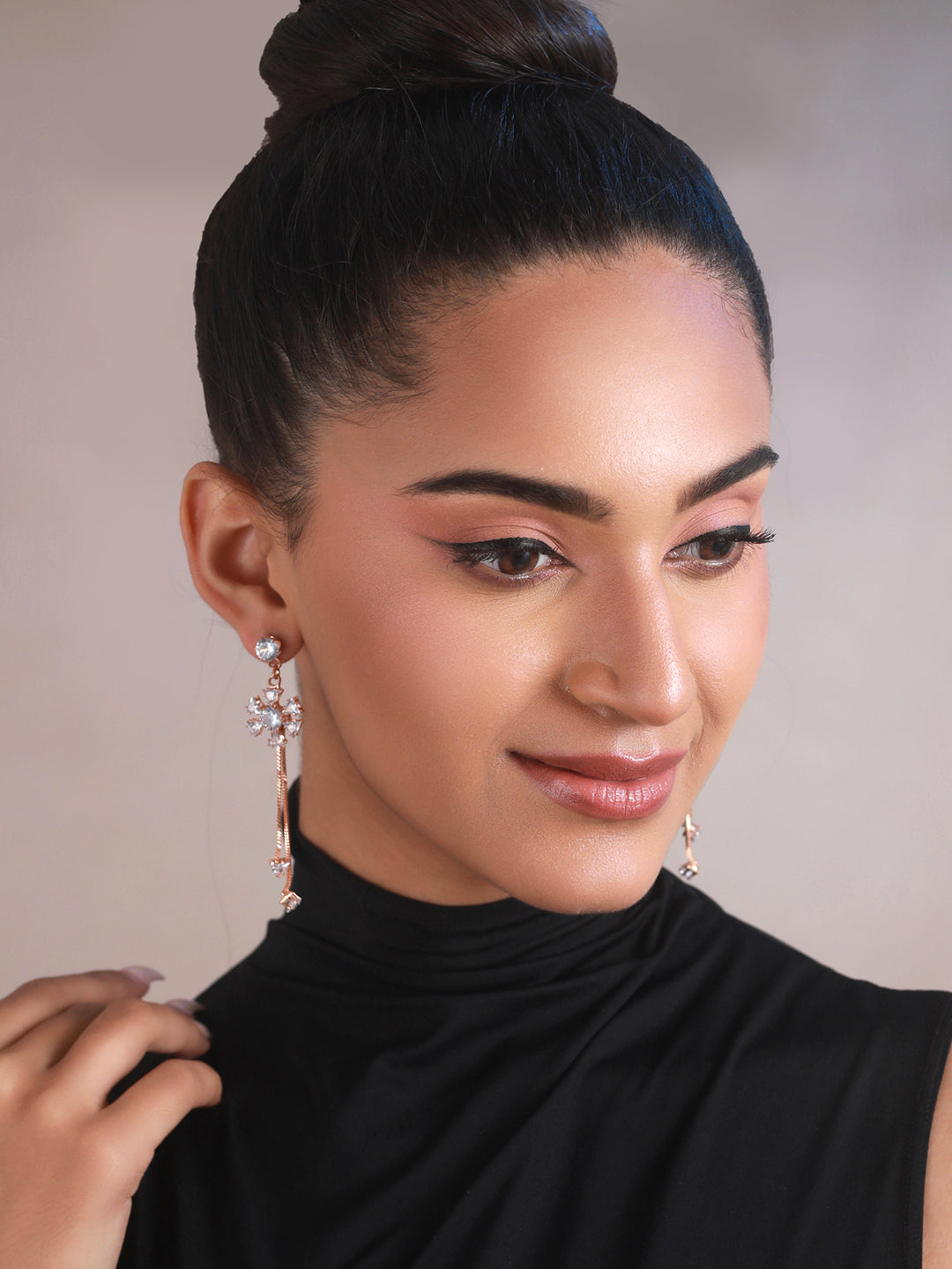 Priyaasi Floral AD Rose Gold-Plated Tassel Drop Earrings Priyaasi Floral AD Rose Gold-Plated Tassel Drop Earrings