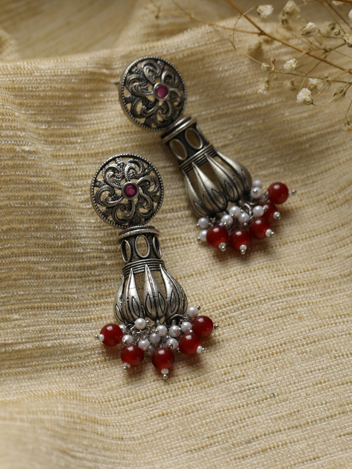 Priyaasi Red Floral Oxidised Silver Drop Earrings