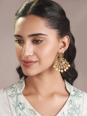 Priyaasi Red Floral Pearl Gold-Plated Drop Earrings