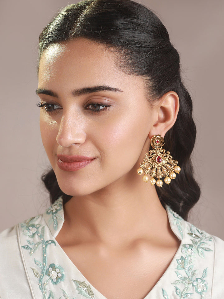 Priyaasi Red Floral Pearl Gold-Plated Drop Earrings
