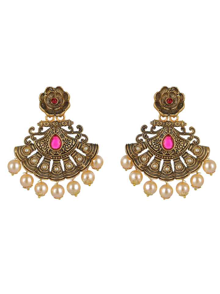 Priyaasi Red Floral Pearl Gold-Plated Drop Earrings