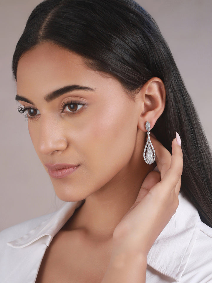 Priyaasi Elegant American Diamond Silver-Plated Drop Earrings