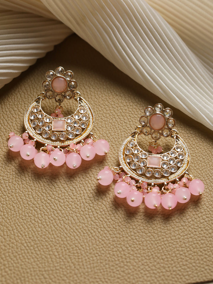 Priyaasi Studded Pink Floral Gold-Plated Chandbali Earrings
