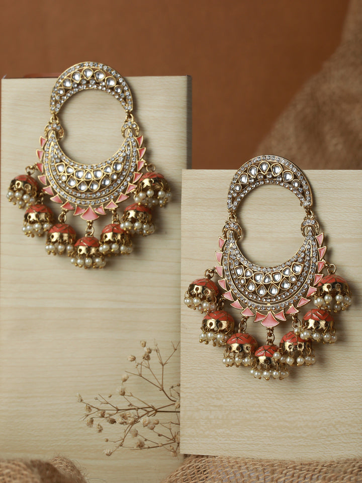 Priyaasi Peach Kundan Pearl Gold-Plated Chandbali Earrings