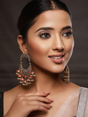 Priyaasi Peach Kundan Pearl Gold-Plated Chandbali Earrings