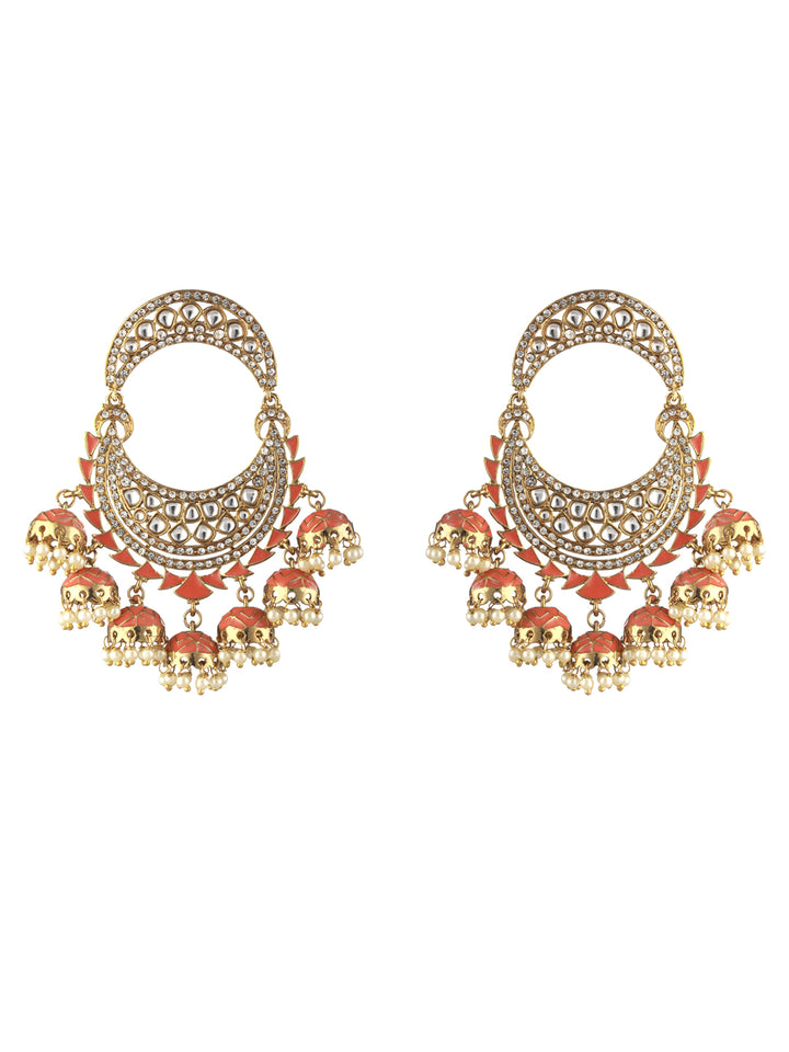 Priyaasi Peach Kundan Pearl Gold-Plated Chandbali Earrings