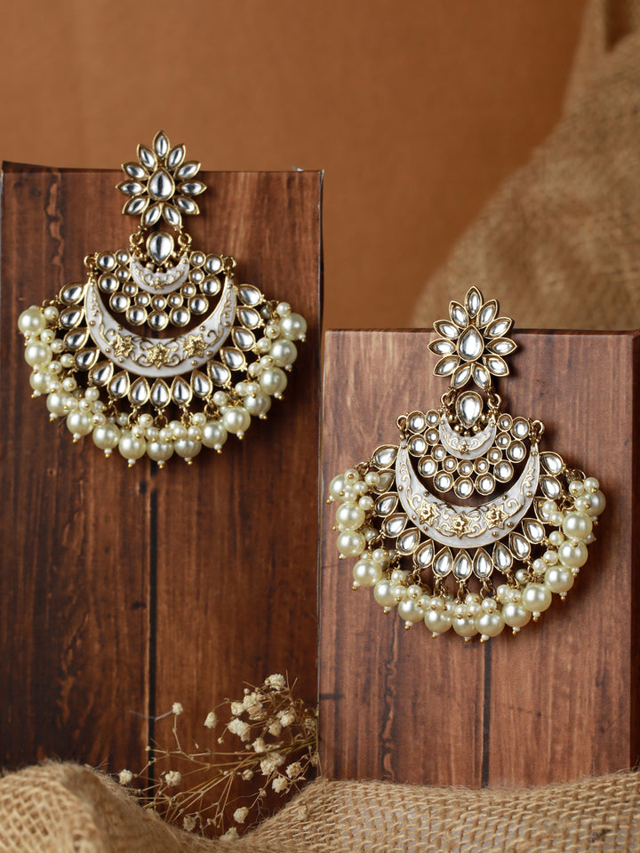 Priyaasi White Kundan Pearl Gold-Plated Chandbali Earrings