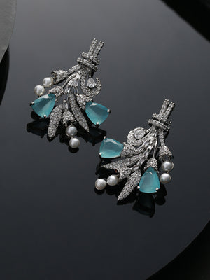 Blue Floral AD Pearl Silver-Plated Drop Earrings