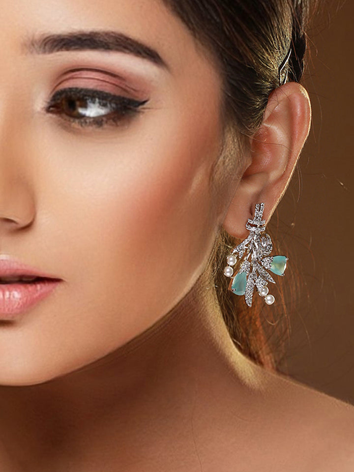 Blue Floral AD Pearl Silver-Plated Drop Earrings