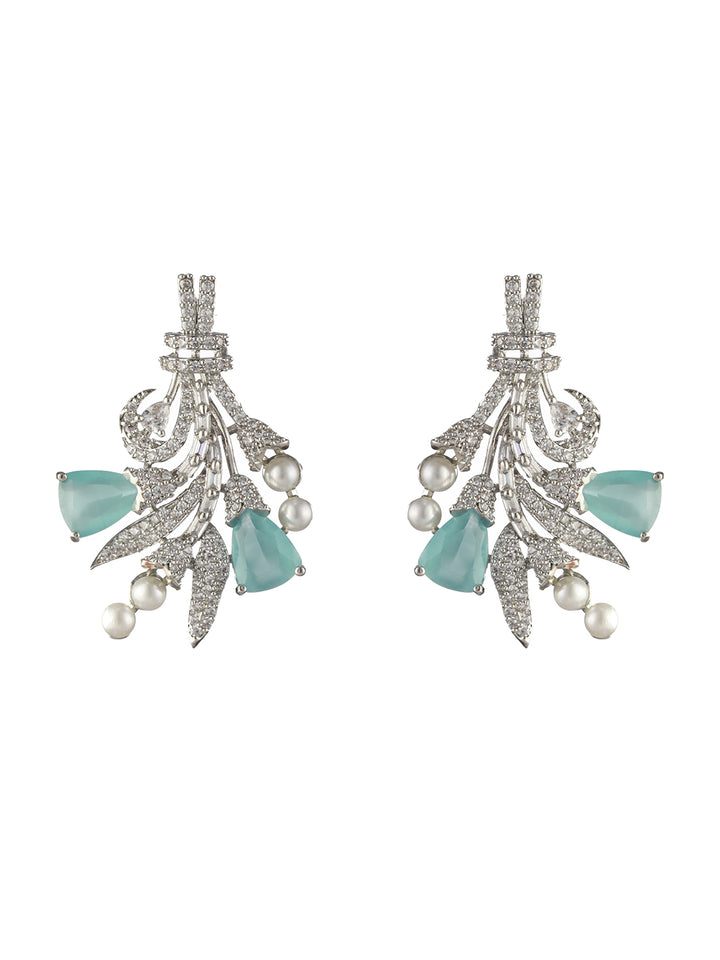 Blue Floral AD Pearl Silver-Plated Drop Earrings