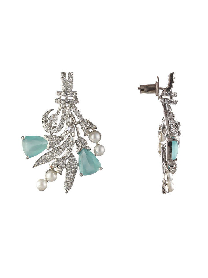 Blue Floral AD Pearl Silver-Plated Drop Earrings