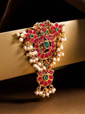 Red & Green Gold-Plated Kemp Stone Floral Hair Bun Pin With Pearls Chain