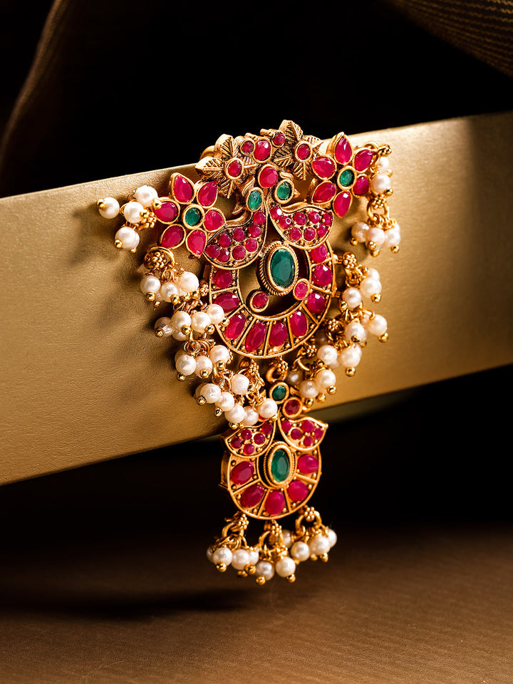 Red & Green Gold-Plated Kemp Stone Floral Hair Bun Pin With Pearls Chain