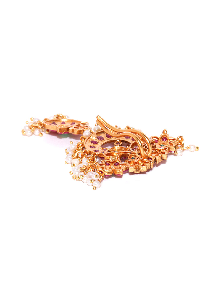 Red & Green Gold-Plated Kemp Stone Floral Hair Bun Pin With Pearls Chain