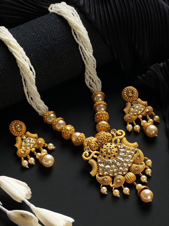 Priyaasi White Peacock Kundan Pearl Multilayer Gold-Plated Jewellery Set