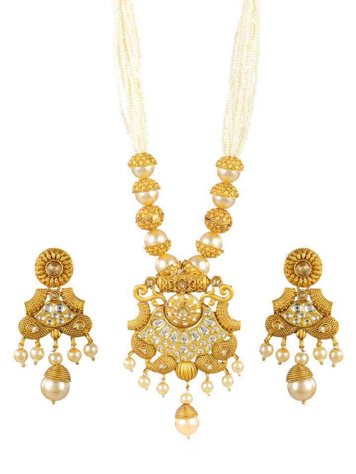 Priyaasi White Peacock Kundan Pearl Multilayer Gold-Plated Jewellery Set