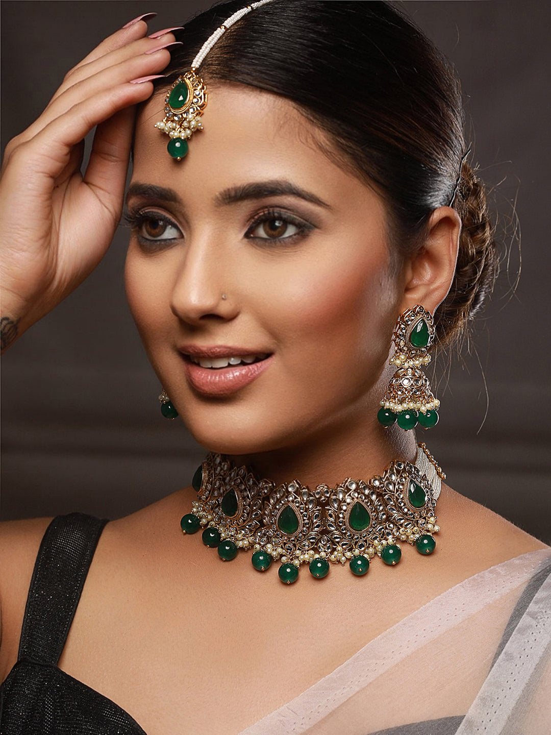 Priyaasi Green Kundan Leaf Gold-Plated Choker Jewellery Set