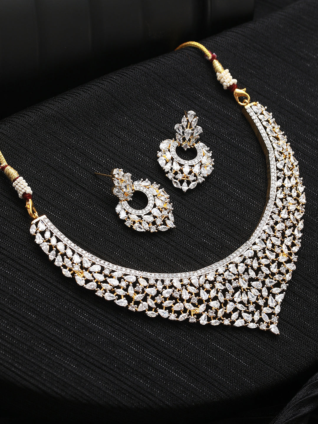 Elegant Leaf-Cut American Diamond Gold-Plated Jewellery Set