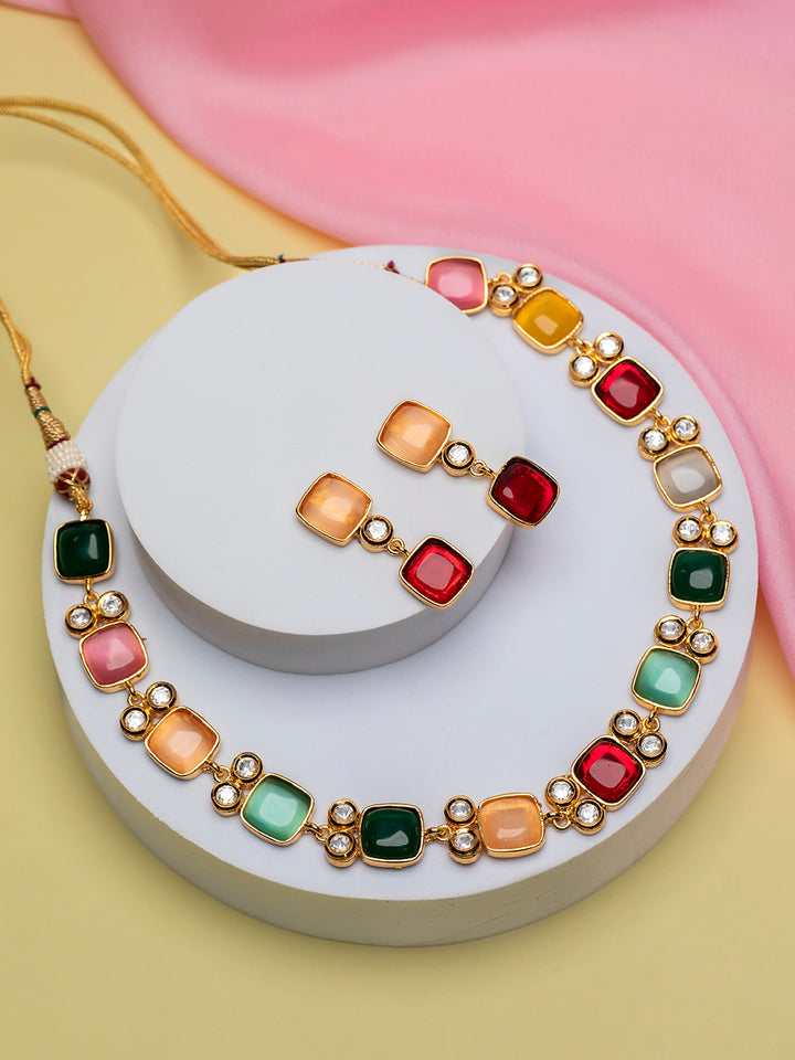 Priyaasi Geometric Multicolor Stone Studded Gold-Plated Jewellery Set