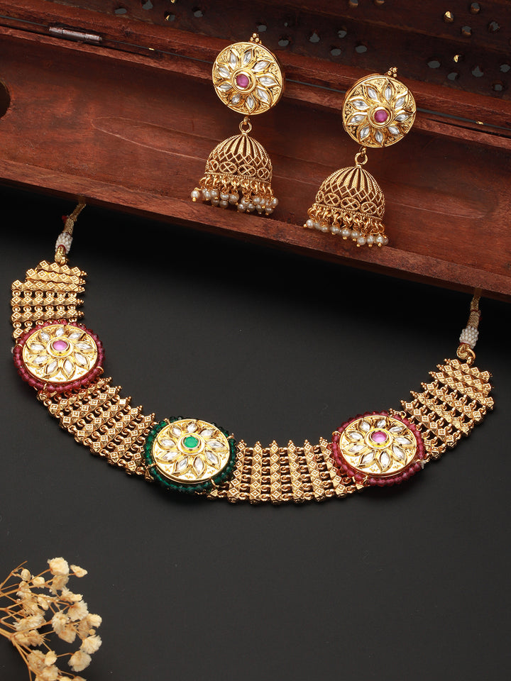 Priyaasi Round Floral Stone Studded Gold-Plated Jewellery Set