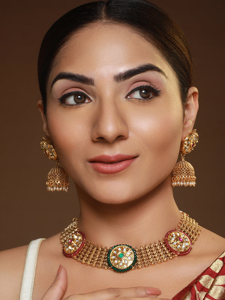 Priyaasi Round Floral Stone Studded Gold-Plated Jewellery Set