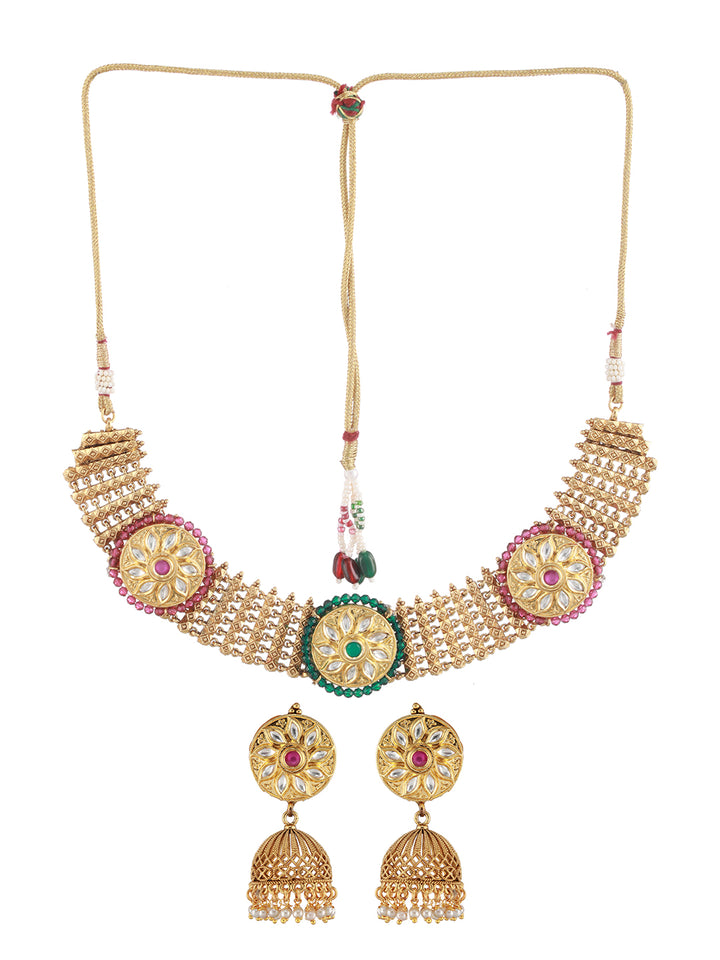 Priyaasi Round Floral Stone Studded Gold-Plated Jewellery Set