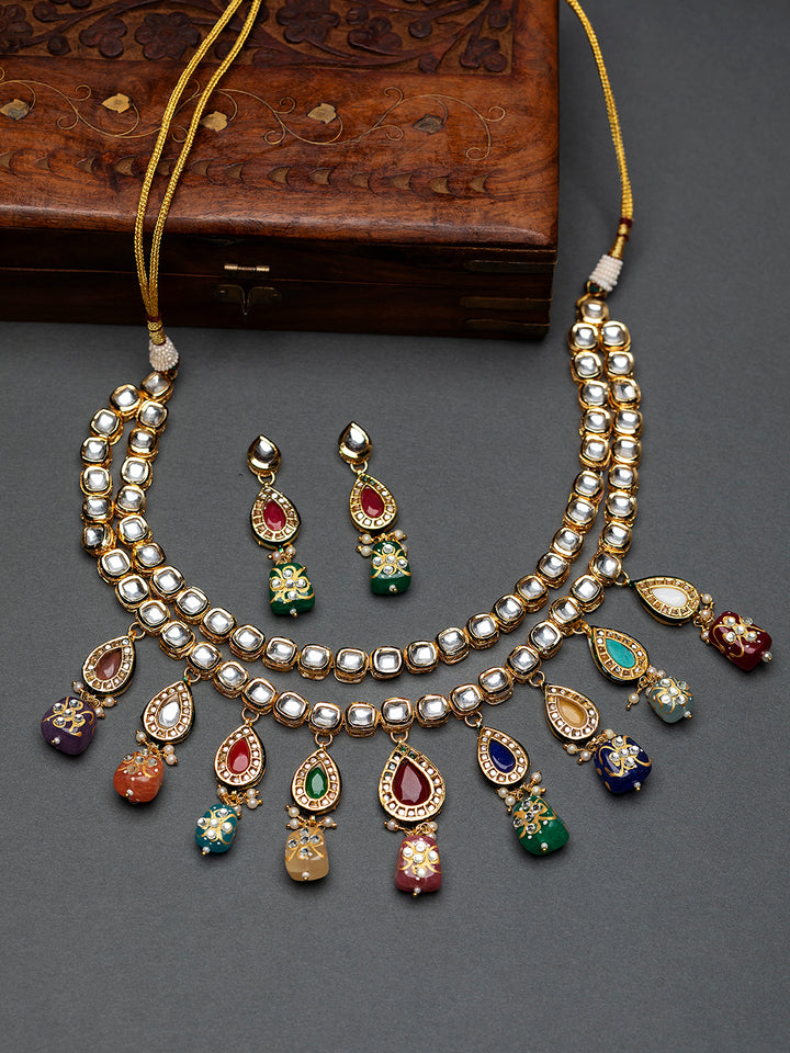 Dual-Layered Multicolor Kundan Studded Gold-Plated Jewellery Set