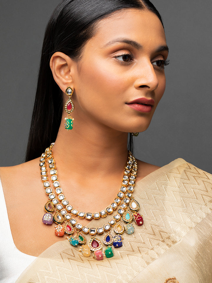 Dual-Layered Multicolor Kundan Studded Gold-Plated Jewellery Set