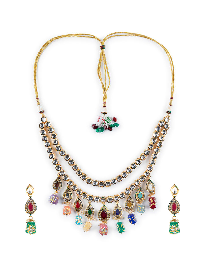 Dual-Layered Multicolor Kundan Studded Gold-Plated Jewellery Set