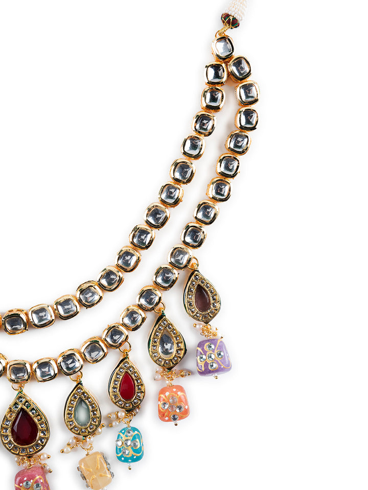 Dual-Layered Multicolor Kundan Studded Gold-Plated Jewellery Set