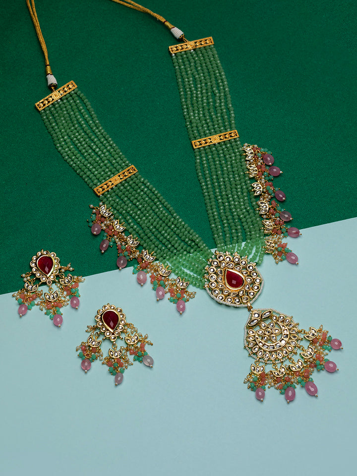 Priyaasi Green Floral Leaf Kundan Multilayer Beaded Gold-Plated Jewellery Set