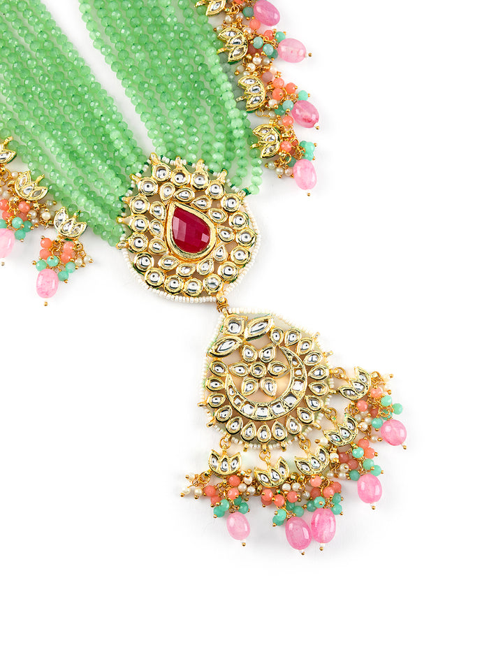 Priyaasi Green Floral Leaf Kundan Multilayer Beaded Gold-Plated Jewellery Set