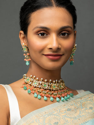 Priyaasi Sea Green Floral Kundan Peach Pearl Gold-Plated Choker Jewellery Set