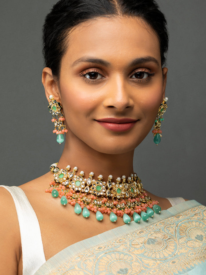 Priyaasi Sea Green Floral Kundan Peach Pearl Gold-Plated Choker Jewellery Set