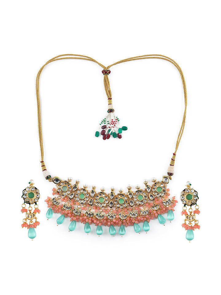 Priyaasi Sea Green Floral Kundan Peach Pearl Gold-Plated Choker Jewellery Set